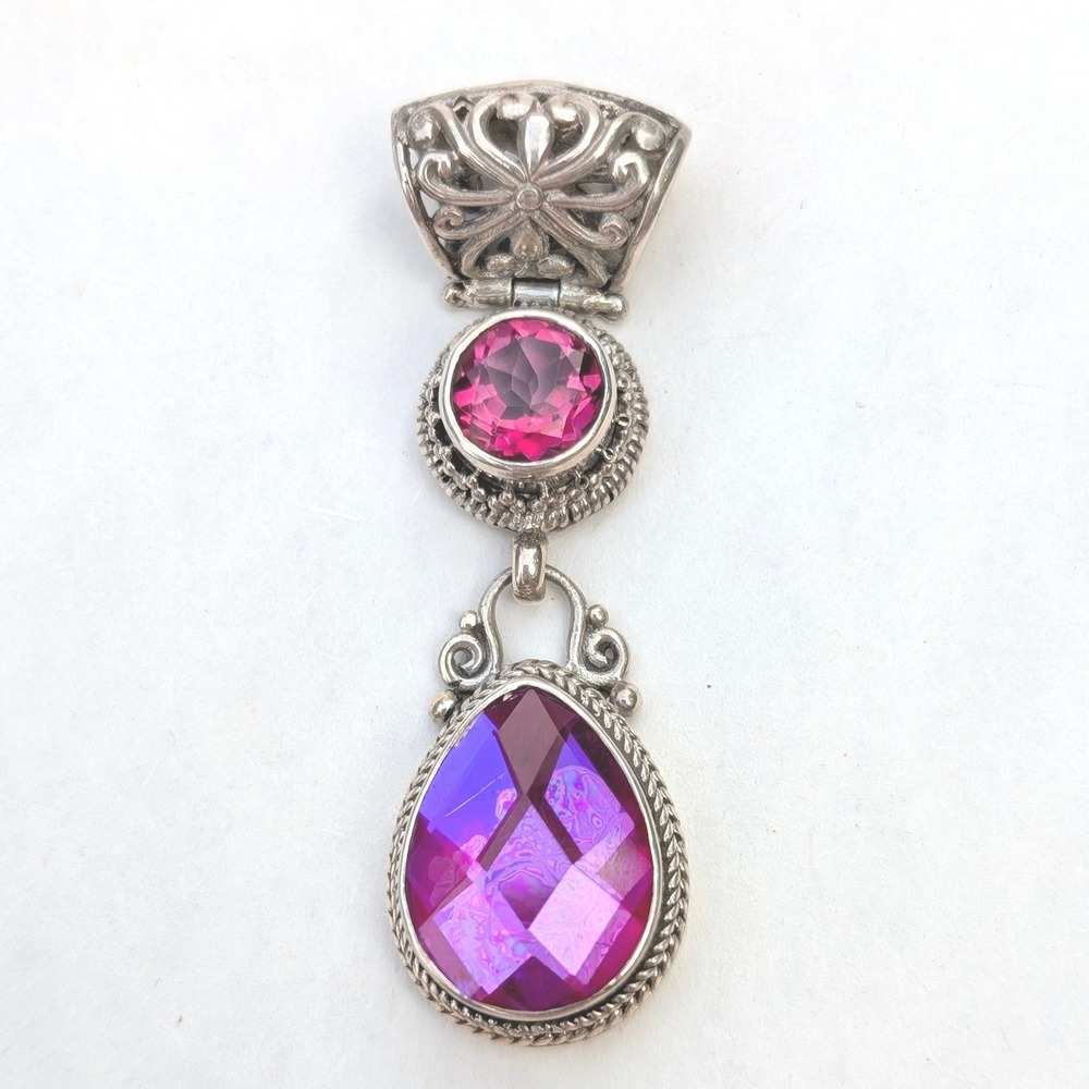 Sarda Sterling Silver Pink Purple Quartz Teardrop Filigree Bail Pendant